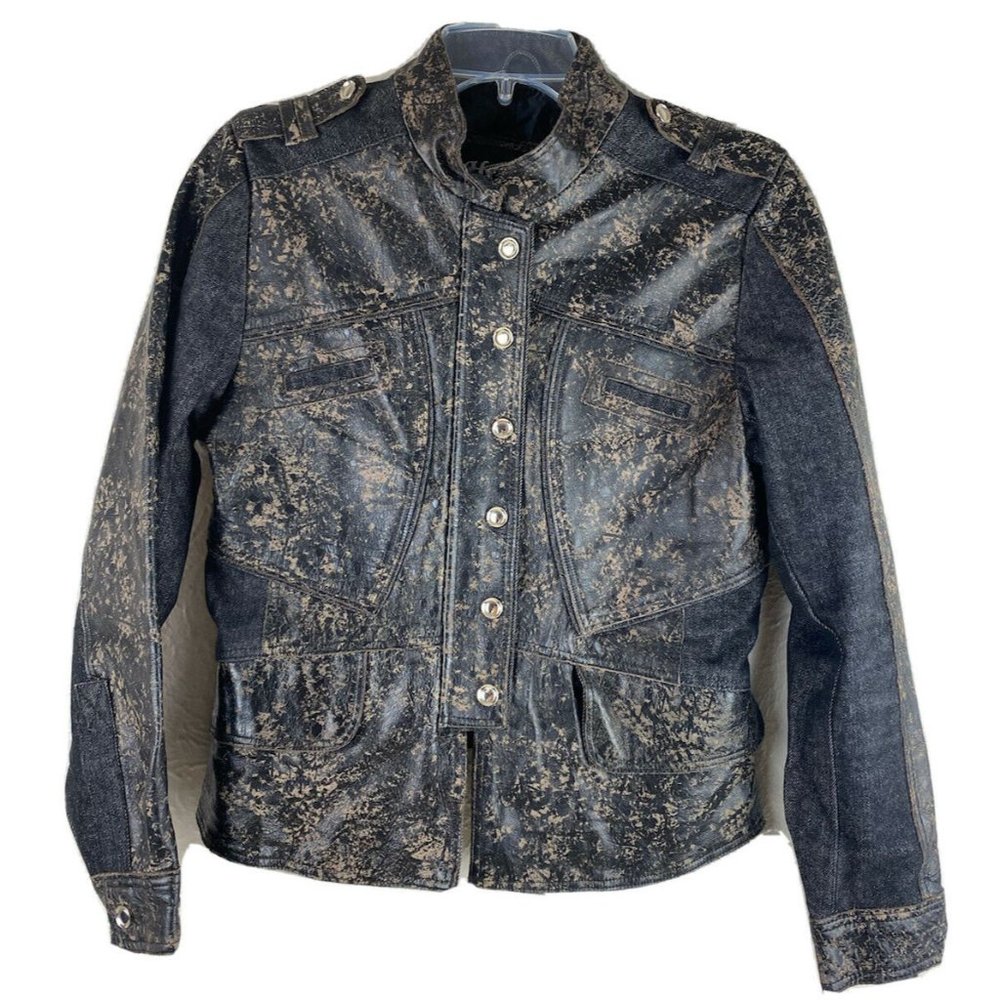 H & D Cotton/Leather Blend Moto Jacket Women Sz M Black Brown Distress Look EUC